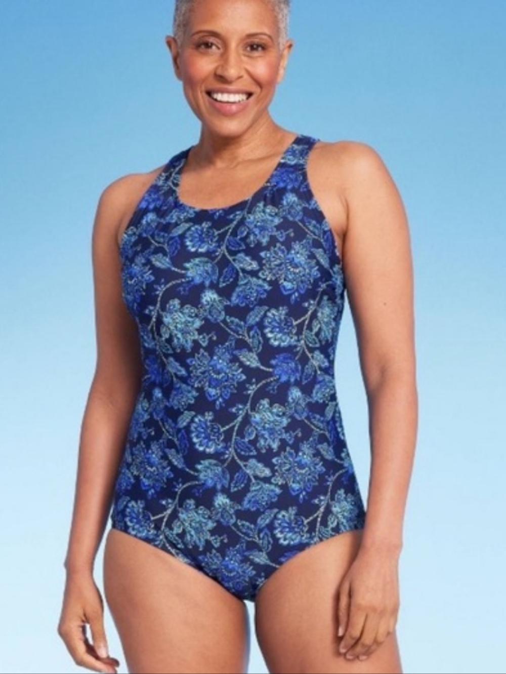 Lands' End Blue Floral Scoop-Back One-Piece Swimsuit
